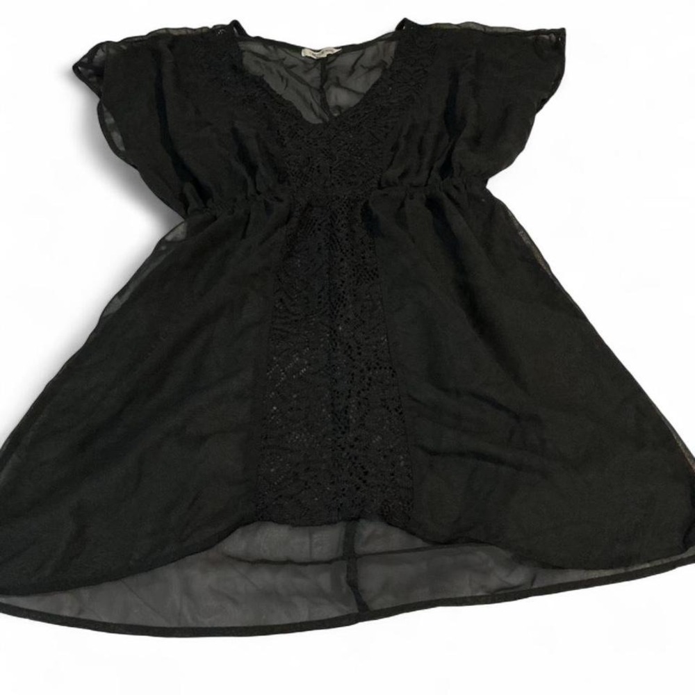 MIKEN Black Lace Detail Sheer Kimono Cover Up Kaftan Dress